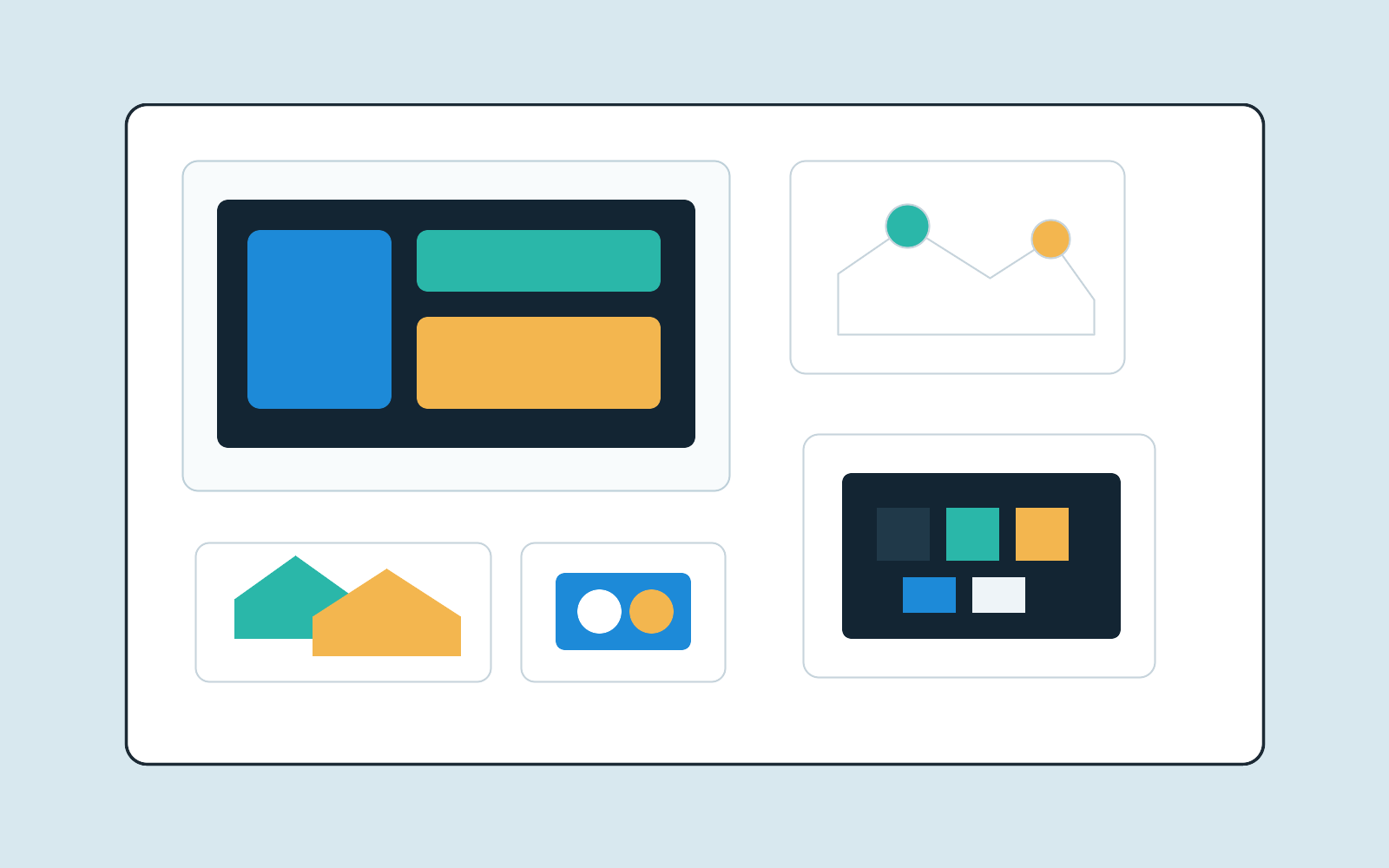 Studio visual representing ecommerce packages, app software panels, and game development screens
