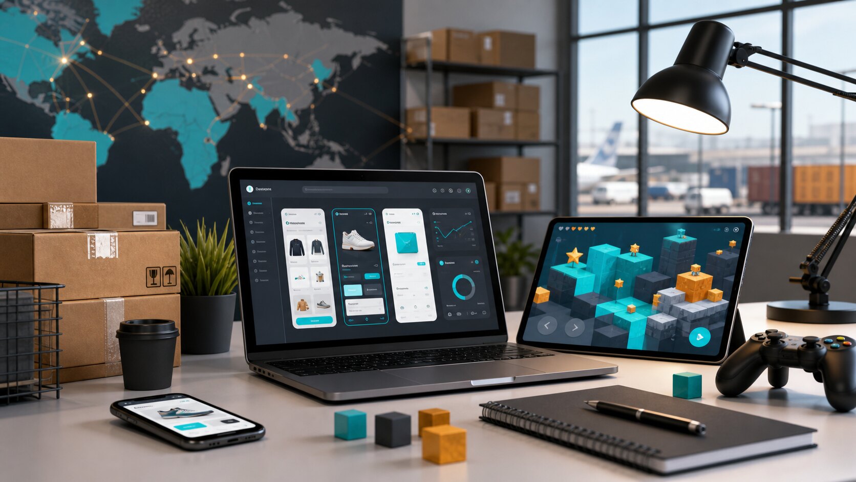 Studio workbench with ecommerce parcels, product software screens, and a casual game prototype